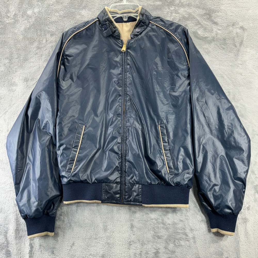 VTG Classic Directions Reversible Large Nylon Bomber Varsity Jacket Blue Khaki